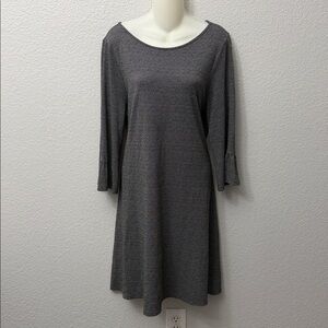 J. Jill Wearever Black Zinc Micro Houndstooth Bell Sleeve Knit Midi Comfy Work D